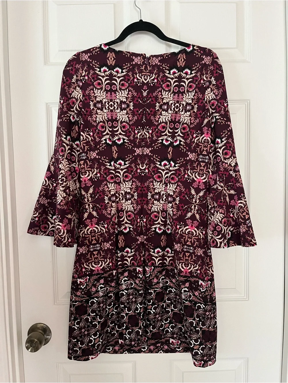 Vince Camuto Sz4 Burgundy Floral Stretch Shift Dress, Tulip Sleeves